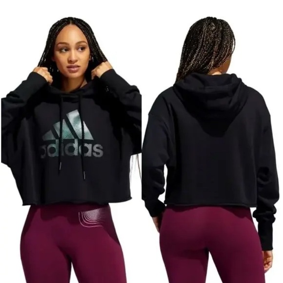 adidas Tops - ADIDAS Black Cropped Hoodie with Green Iridescent Logo - XS